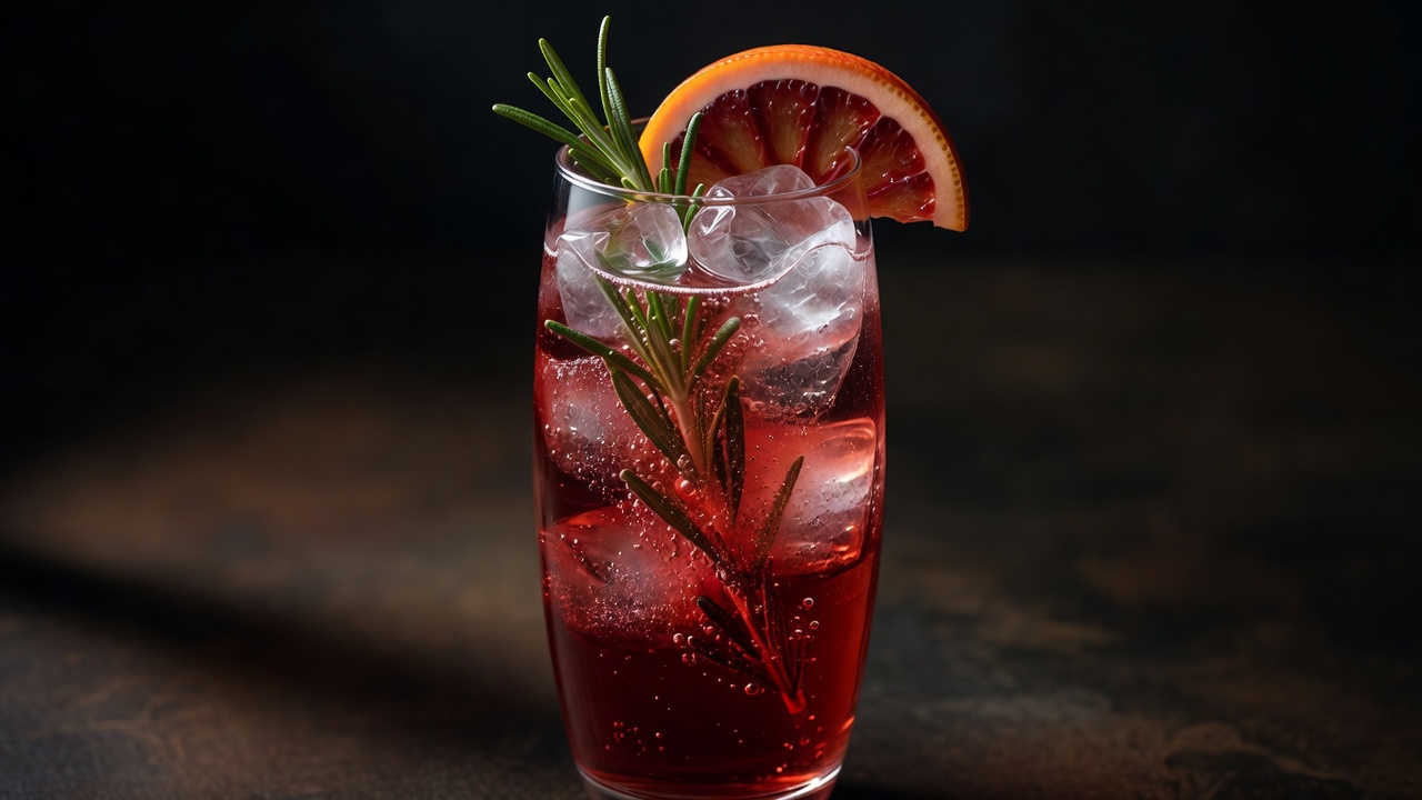 Høyt glass med musserende blodappelsinspritz og en kvist rosmarin mot en mørk bakgrunn