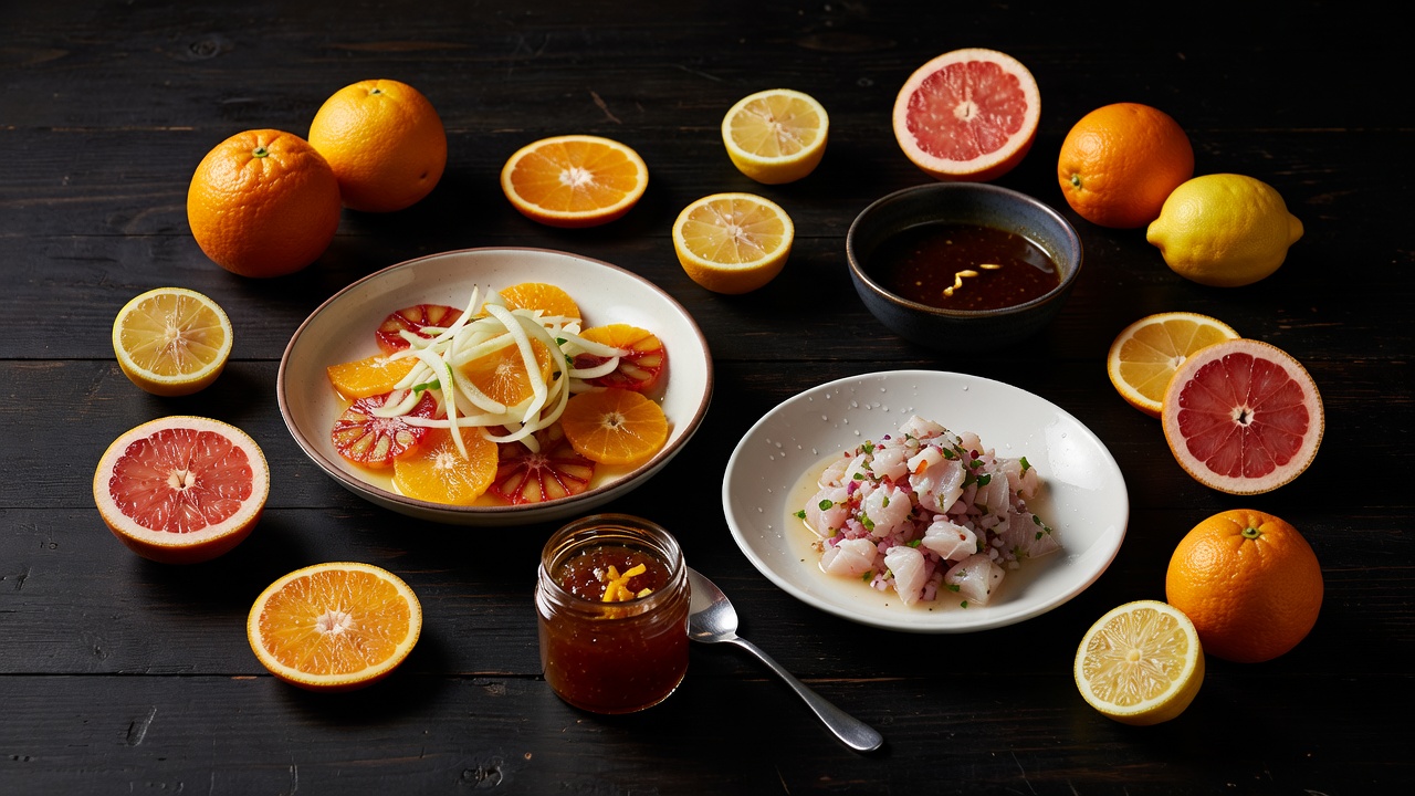 A dark table set with orange salad, marmalade, ceviche and a bowl of ponzu sauce among cut citrus