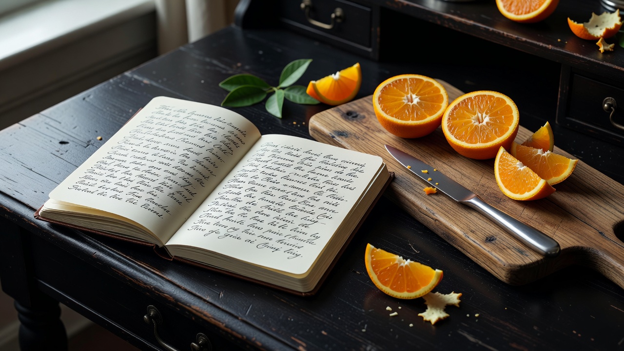 Ein offenes Notizbuch mit handschriftlichen Verkostungsnotizen neben aufgeschnittenen Orangen und einem Messer auf einem dunklen Schreibtisch