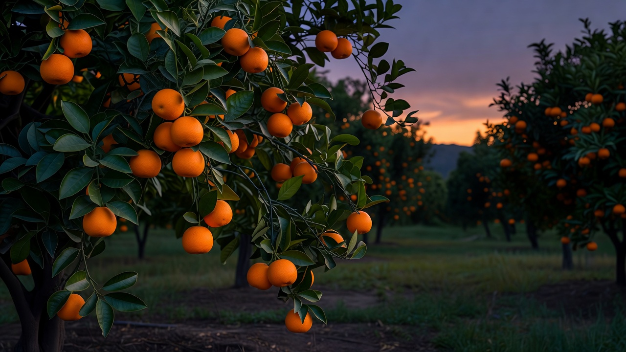 Reife Orangen hängen in der Dämmerung zwischen dunklen, glänzenden Blättern an einem Baum in einem Obstgarten