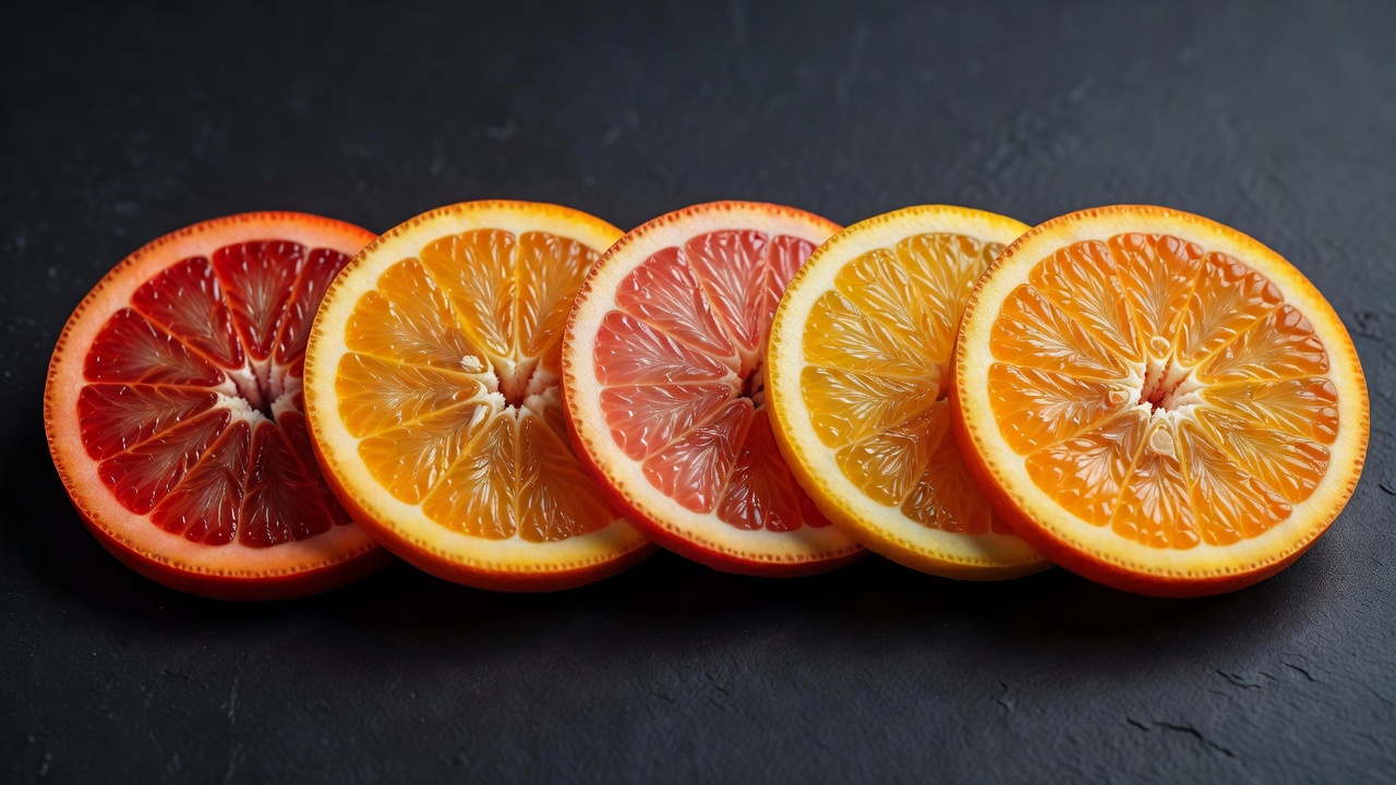 Cross-sections of blood, navel, Cara Cara and bitter oranges arranged on a black surface