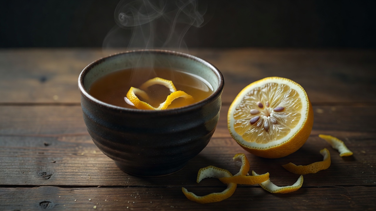 Cup of hot yuzu honey tea with visible citrus peel strips beside a halved yuzu in low light